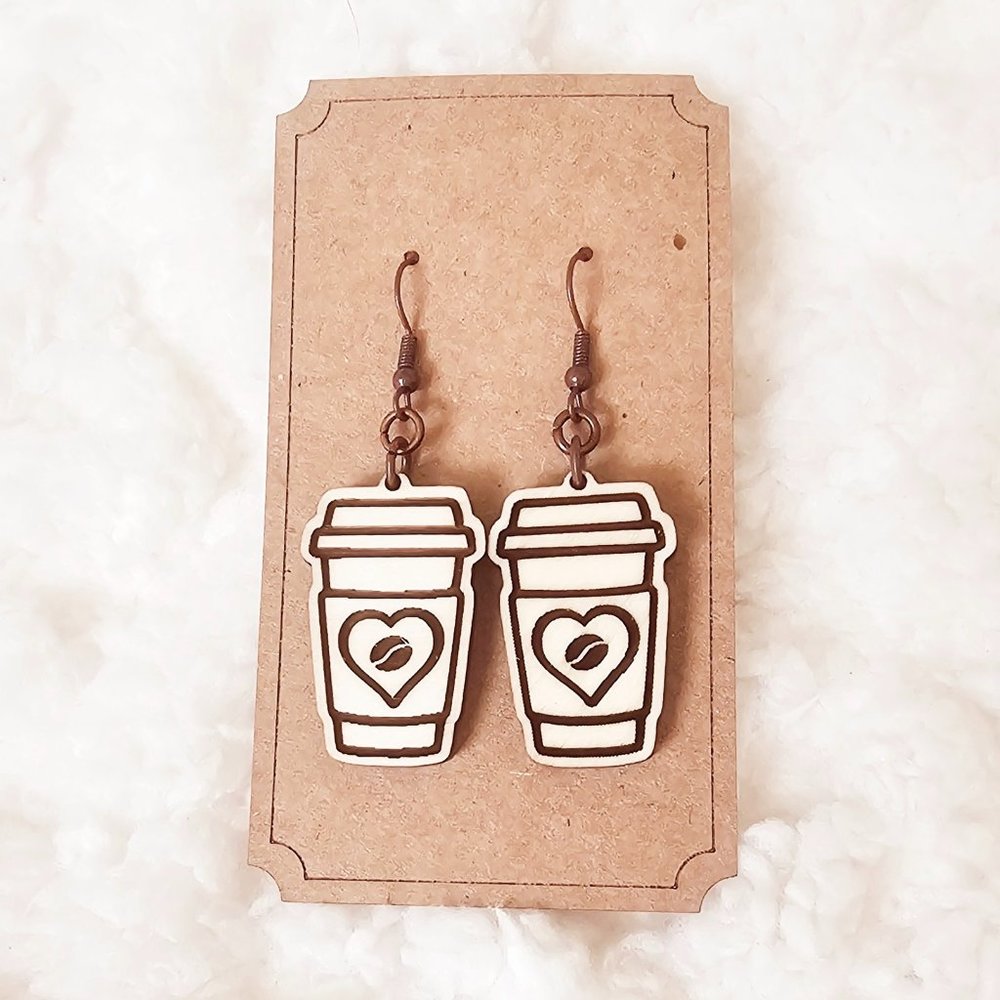 5/$25 Hot Coffee Earrings Dangle Wooden w/Heart Coffee Bean